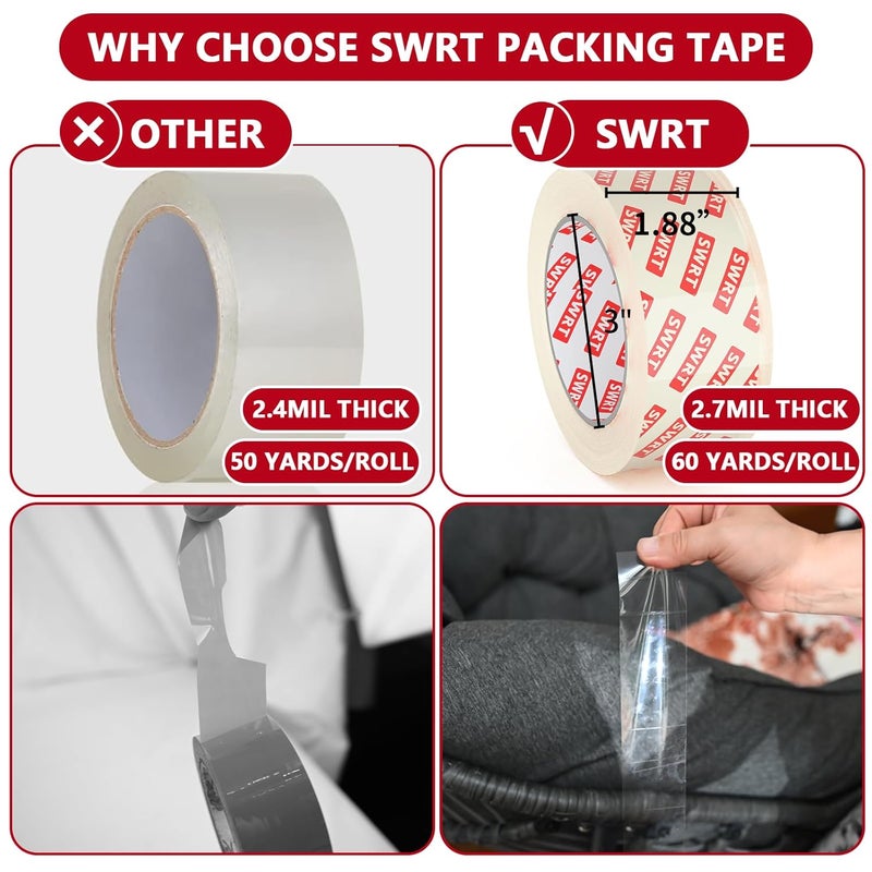 SWRT 2.7Mil Thick Ultra Clear Packing Tape, 12 Rolls Heavy Duty Packaging Tape with 2 Dispensers for Shipping Packaging Moving Mailing, Thicker Sealing Tape-1.88" x 60 Yards Per Roll, 720 Total Yards - Image 2
